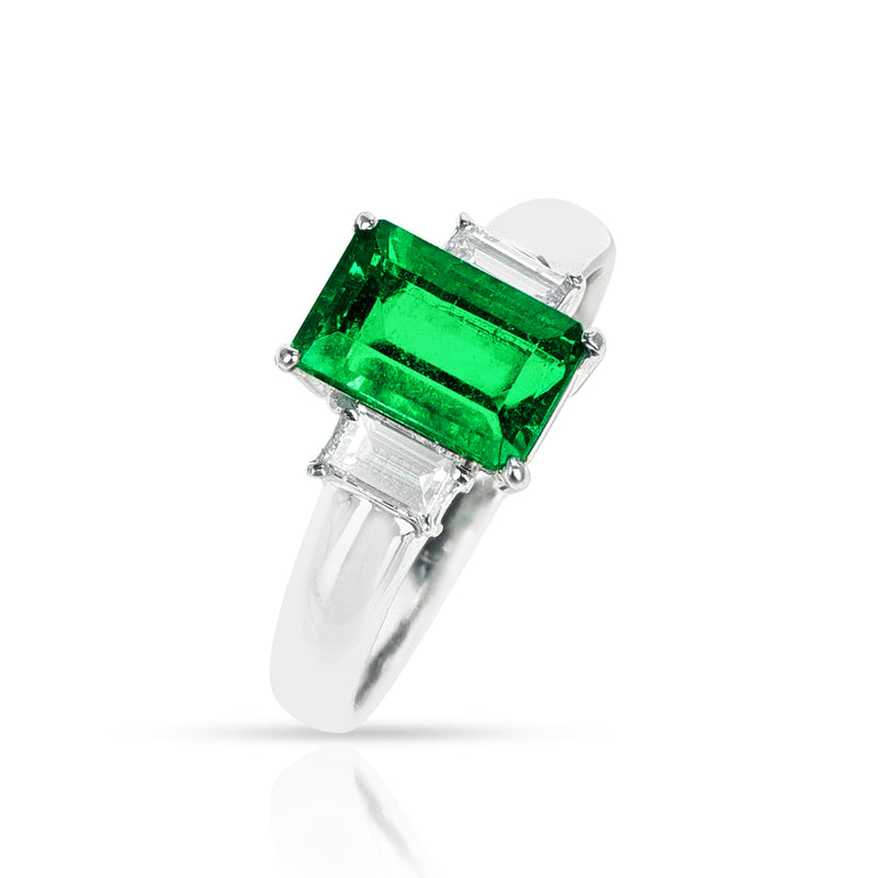 Emerald-Cut Emerald and Diamond Three Stone Engagement Ring, Platinum