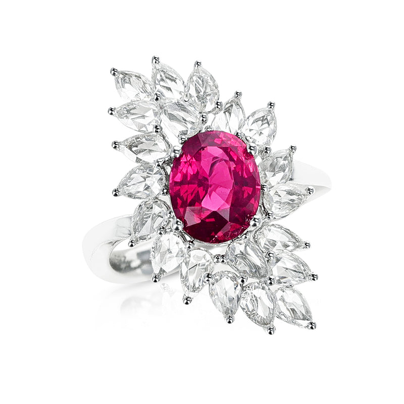 GRS Certified Oval-Orangy Pinkish Red 2.65 ct. Tanzanian Spinel and Diamond Ring