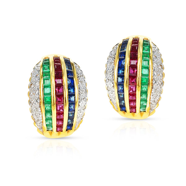 Ruby, Emerald, Sapphire, and Diamond Earrings, 18k