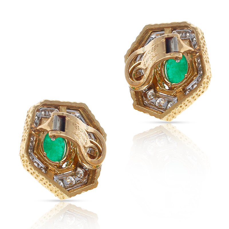 Van Cleef & Arpels Emerald Cabochon and Diamond Textured 18K Gold Earrings