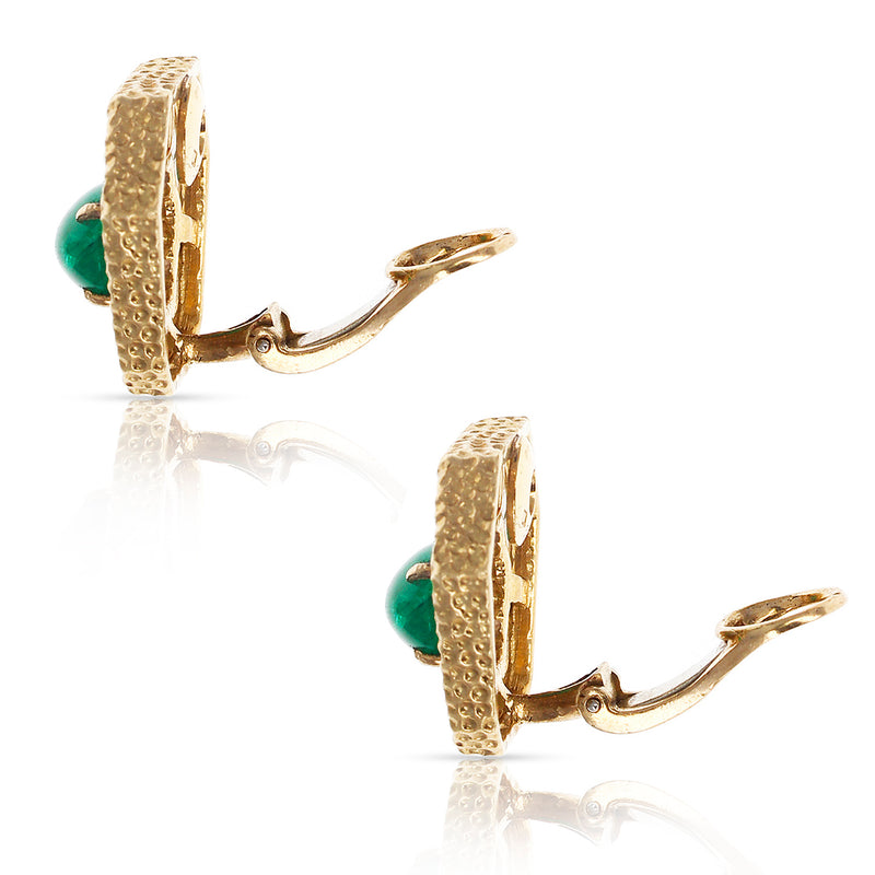 Van Cleef & Arpels Emerald Cabochon and Diamond Textured 18K Gold Earrings
