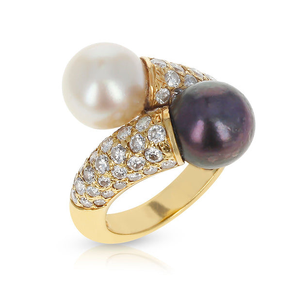 Van Cleef & Arpels Toi Et Moi 9.5MM Pearl and Diamond Ring, 18K Yellow Gold