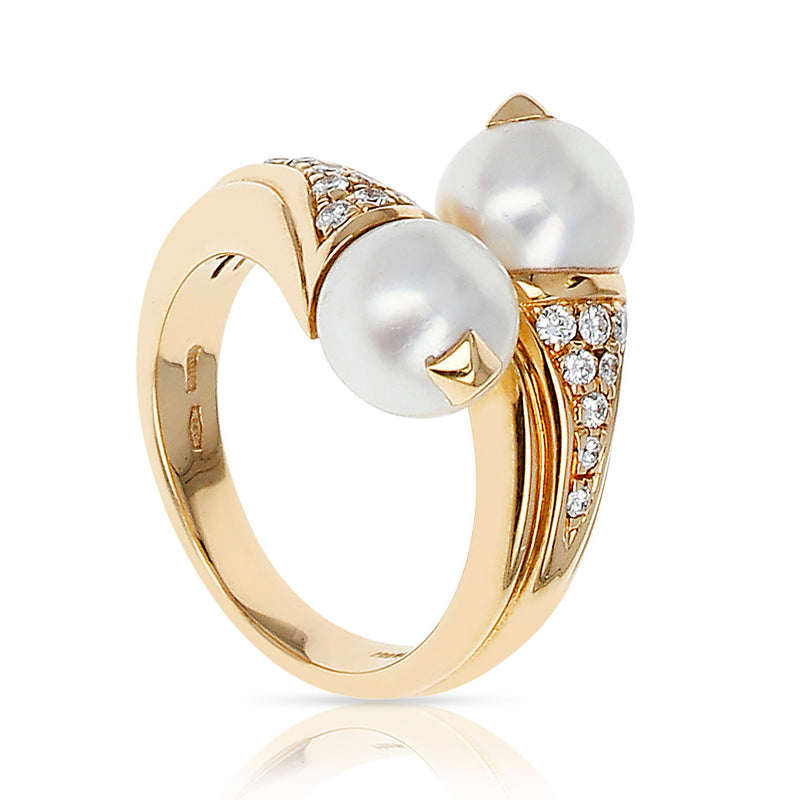 Bvlgari Double Pearl, Diamonds, and 18 Karat Yellow Gold Ring with Original Box