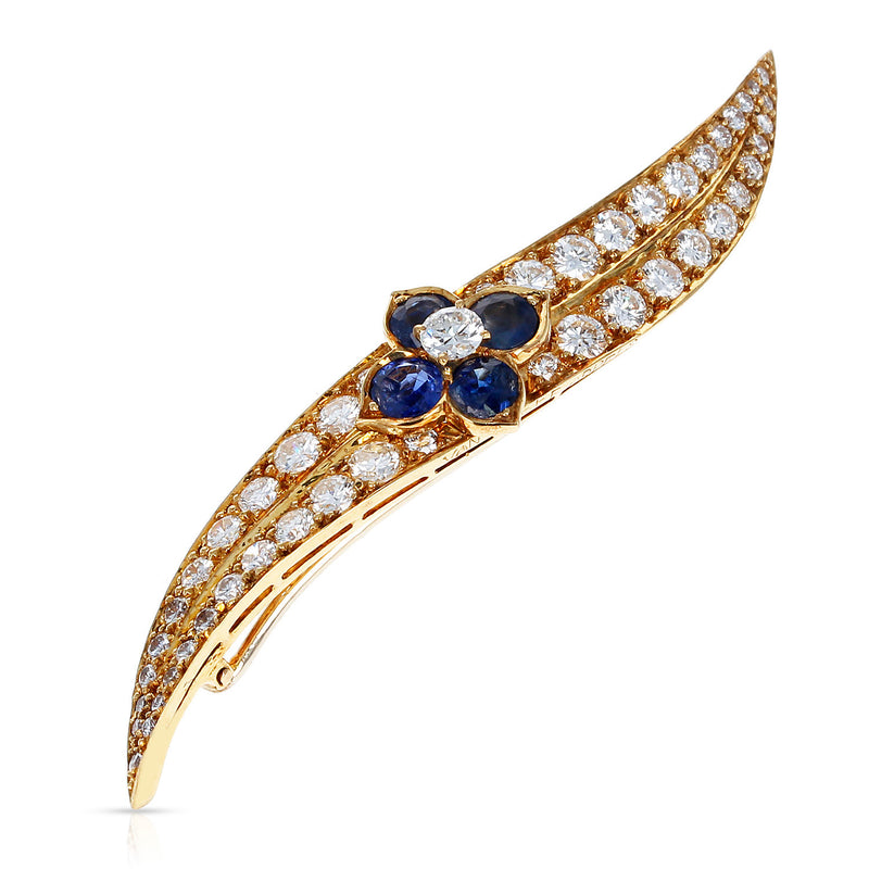 French Van Cleef & Arpels Sapphire Floral and Diamond Pin/Brooch, 18K Yellow