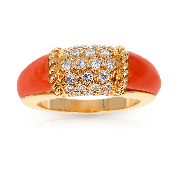 Van Cleef & Arpels Coral and 7 Row Diamond Stacking Philippine Ring, 18K Yellow