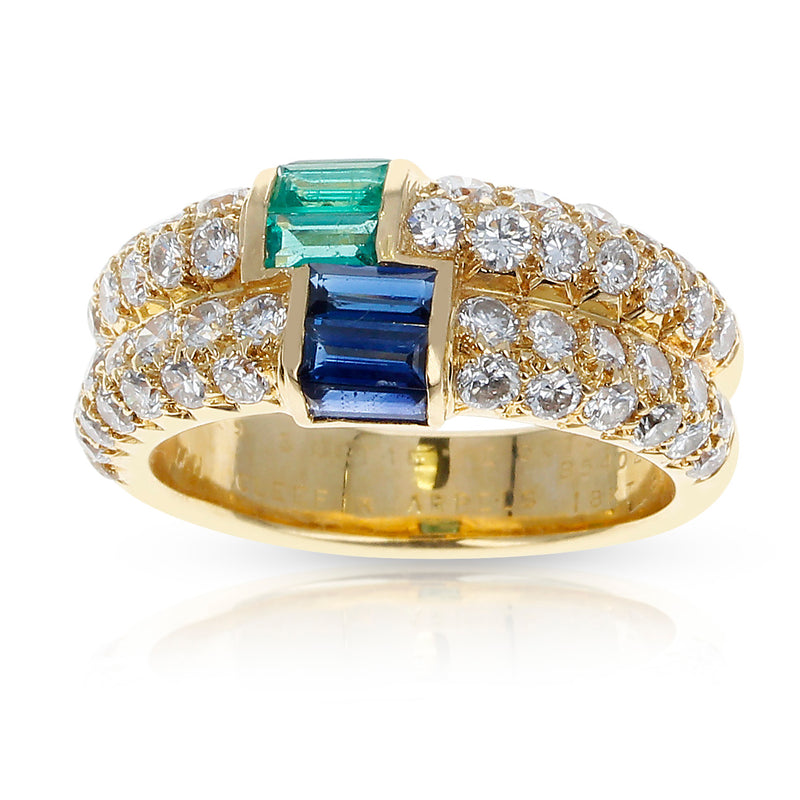 Paris Van Cleef & Arpels Emerald and Sapphire Baguettes with Round Diamonds Ring