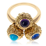 Cartier Turquoise, Amethyst, Sapphire Cabochon Trio Ring, 18K Textured Gold
