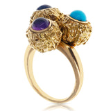 Cartier Turquoise, Amethyst, Sapphire Cabochon Trio Ring, 18K Textured Gold