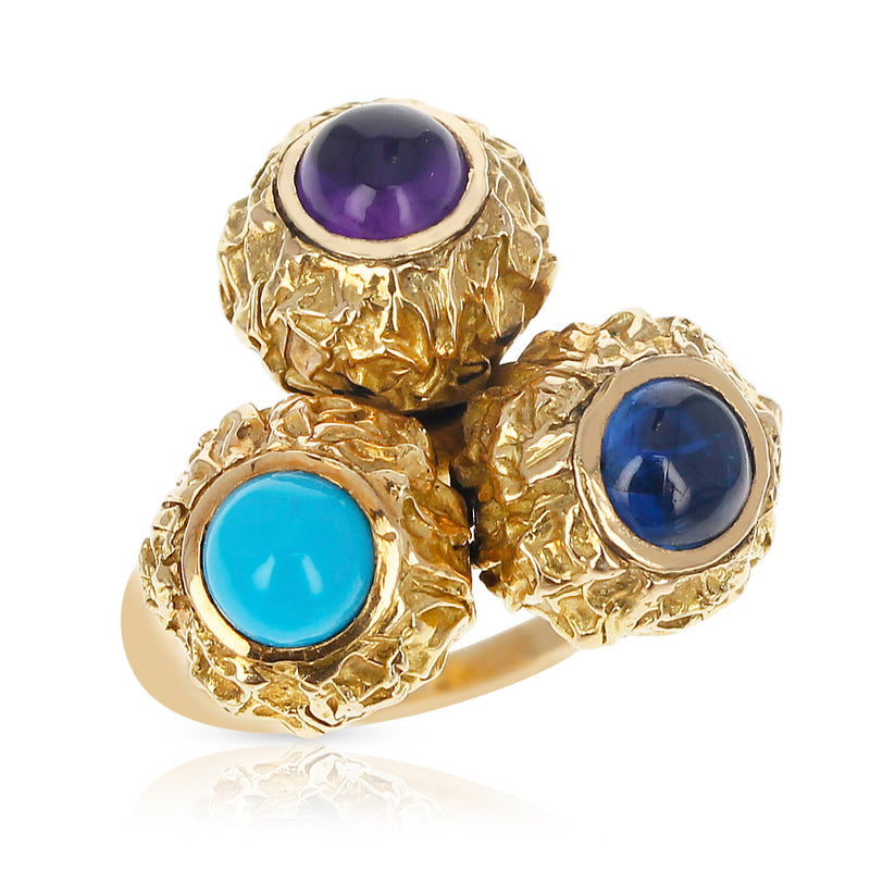 Cartier Turquoise, Amethyst, Sapphire Cabochon Trio Ring, 18K Textured Gold