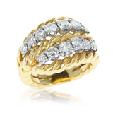 French Van Cleef & Arpels Two Row Diamonds and Twisted Rope Gold Ring, 18k