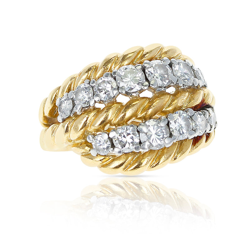 French Van Cleef & Arpels Two Row Diamonds and Twisted Rope Gold Ring, 18k