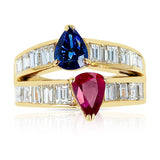 Pear Shape Sapphire and Ruby Ring with Emerald-Cut Diamonds, 18k Yellow Gold