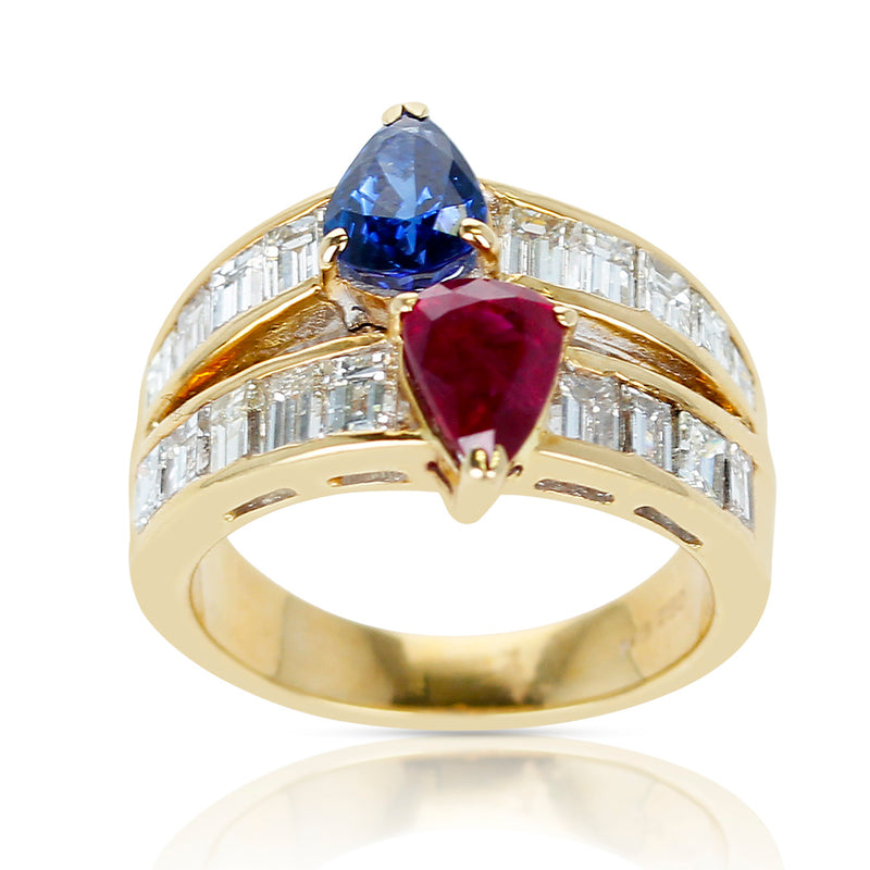 Pear Shape Sapphire and Ruby Ring with Emerald-Cut Diamonds, 18k Yellow Gold