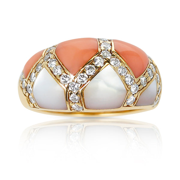 Coral and Mother of Pearl Ring with Diamonds, 18K Yellow Gold