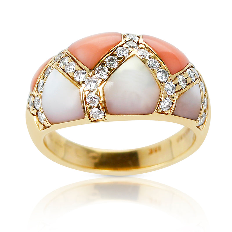 Coral and Mother of Pearl Ring with Diamonds, 18K Yellow Gold