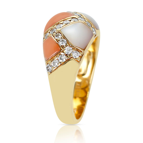 Coral and Mother of Pearl Ring with Diamonds, 18K Yellow Gold