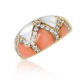 Coral and Mother of Pearl Ring with Diamonds, 18K Yellow Gold