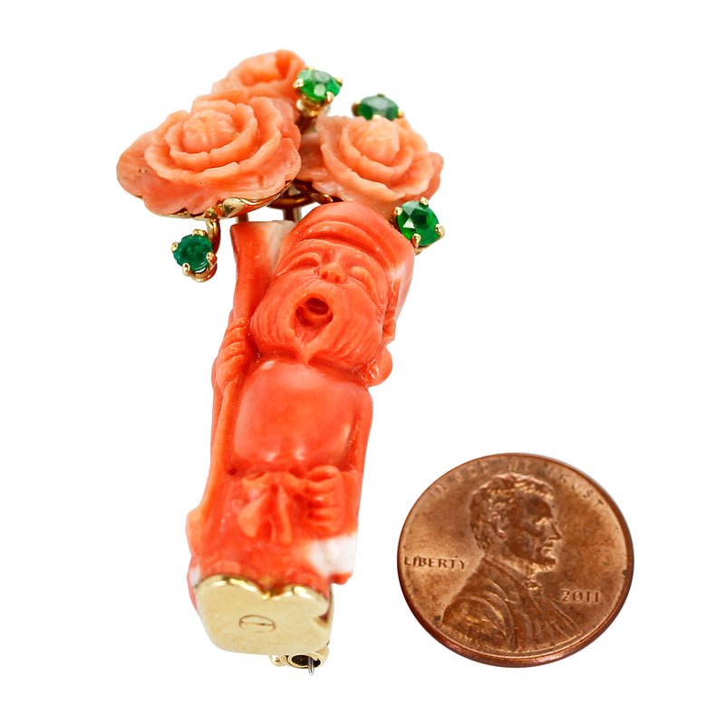 Cartier Coral Figurine and Floral Brooch Pin with Tsavorites, 18k Yellow Gold