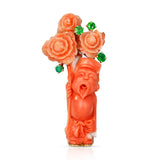 Cartier Coral Figurine and Floral Brooch Pin with Tsavorites, 18k Yellow Gold