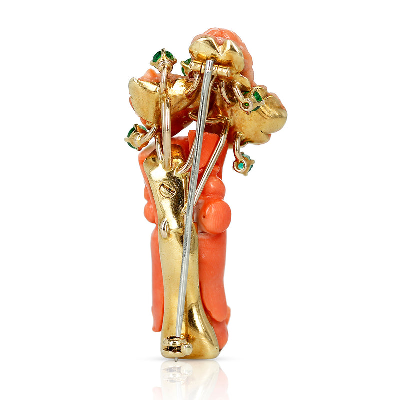 Cartier Coral Figurine and Floral Brooch Pin with Tsavorites, 18k Yellow Gold