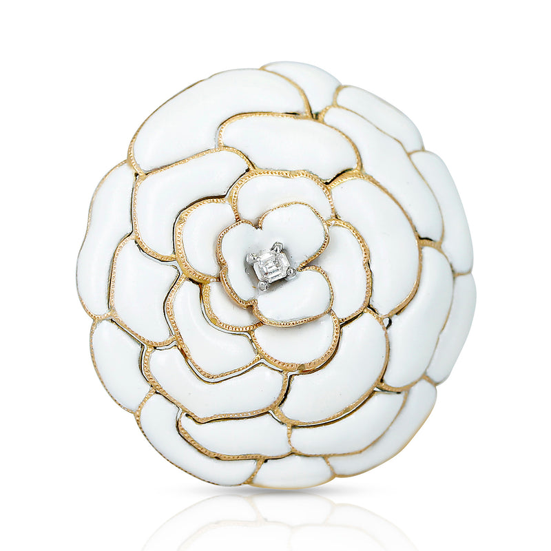 Cartier White Enamel and Diamond Floral Layer Brooch