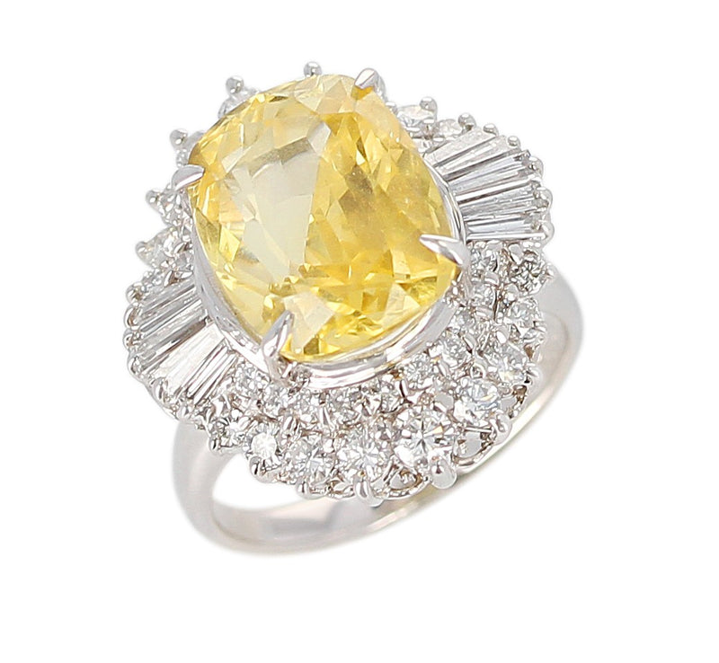 GIA Certified 8.18 ct. No Heat Ceylon Yellow Sapphire Cocktail Ring with Diamonds, Platinum