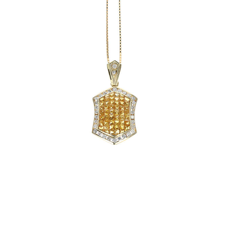 Hexagonal Invisibly Set Yellow Sapphire Pendant Necklace with Diamonds, 18K Yellow Gold