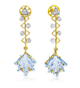 Cupid's Arrow Leaf Carved Blue Topaz Earrings with Diamonds, 14K Yellow Gold