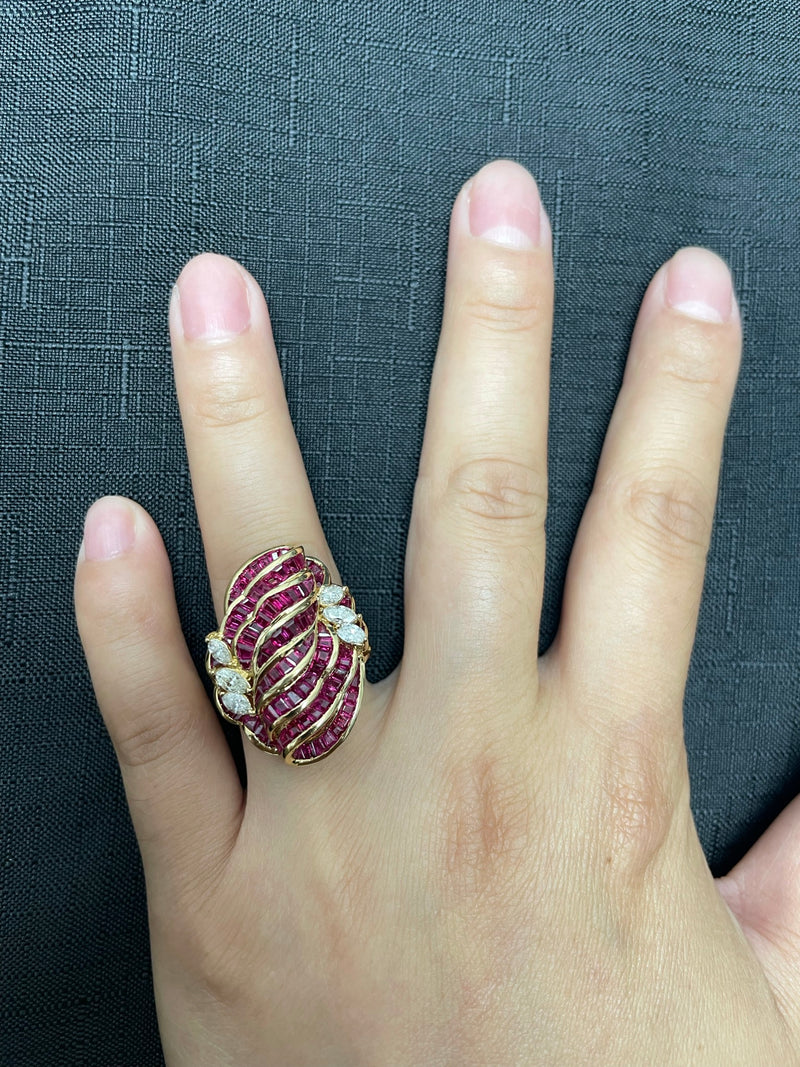 Invisibly Set 8 Row Ruby Flower-Cut Cocktail Ring with Marquise Diamonds, 18K