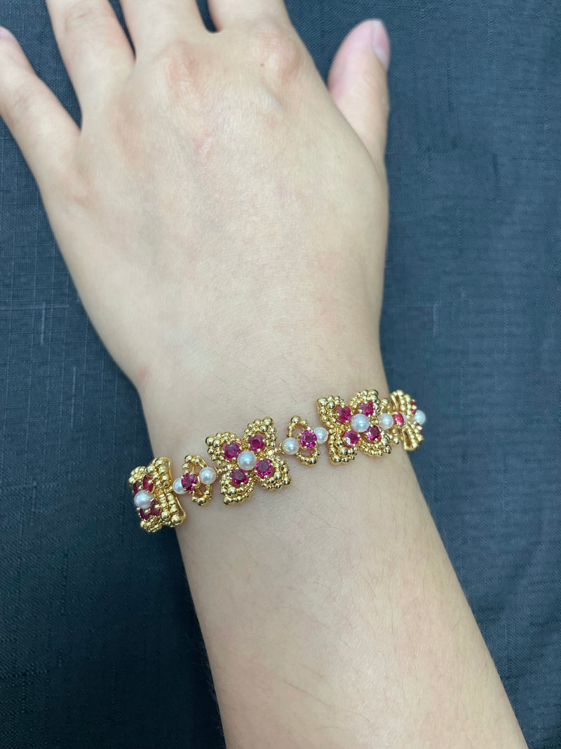 French Alexandre Reza 7.41 ct. Ruby and Pearl Bracelet with French Marks, 18K
