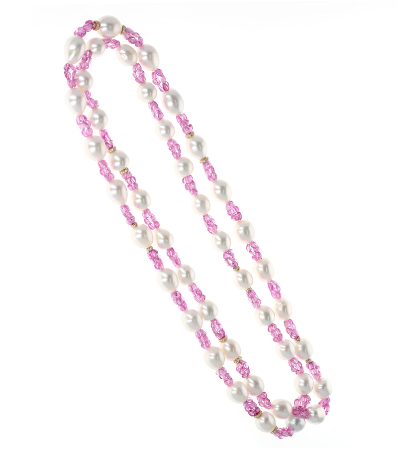 South Sea Pearl, Pink Sapphire, and Diamond & Gold Roundels Beads Necklace