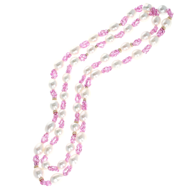 South Sea Pearl, Pink Sapphire, and Diamond & Gold Roundels Beads Necklace