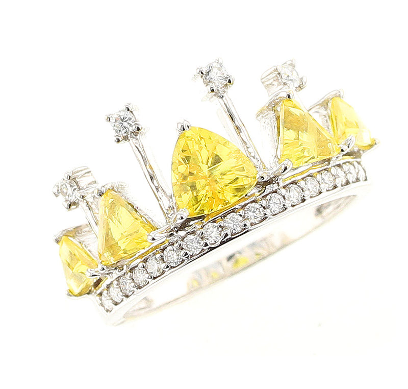 Yellow Sapphire and Diamond Crown Ring. 18K White Gold