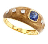 Brown Enamel Ring with Blue Sapphire and Diamonds, 18K Yellow Gold