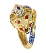 Lion Enamel Ring with Diamonds in 18 Karat Yellow Gold