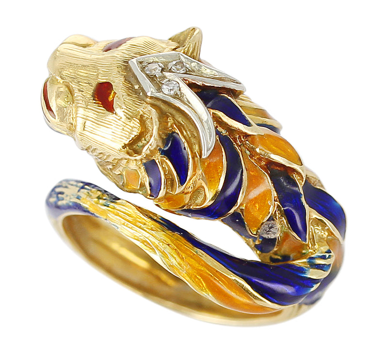 Lion Enamel Ring with Diamonds in 18 Karat Yellow Gold