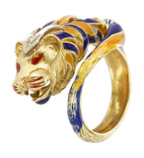 Lion Enamel Ring with Diamonds in 18 Karat Yellow Gold
