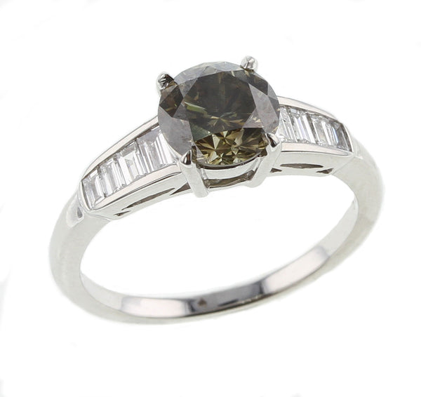 Fancy Dark Greenish Gray Round Brilliant Diamond Engagement Ring, Platinum