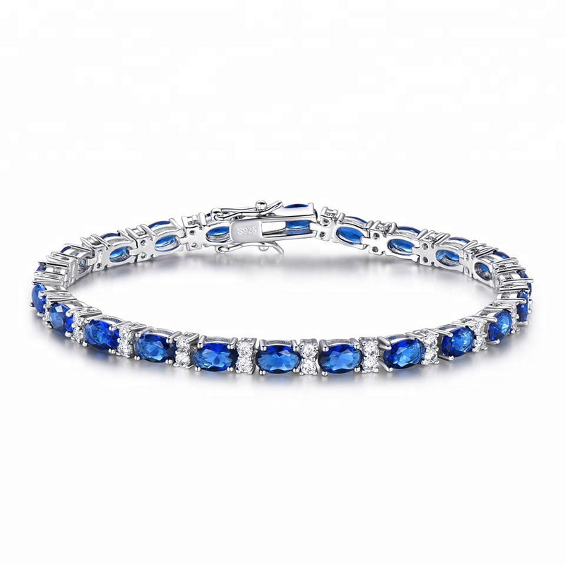 Oval Sapphire Blue and White Colored Cubic Zirconia Sterling Silver Bracelet