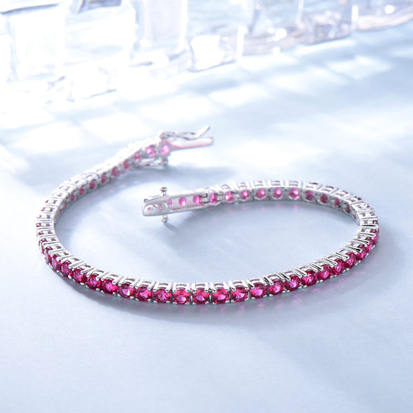Round Ruby Red Colored Cubic Zirconia Sterling Silver Bracelet