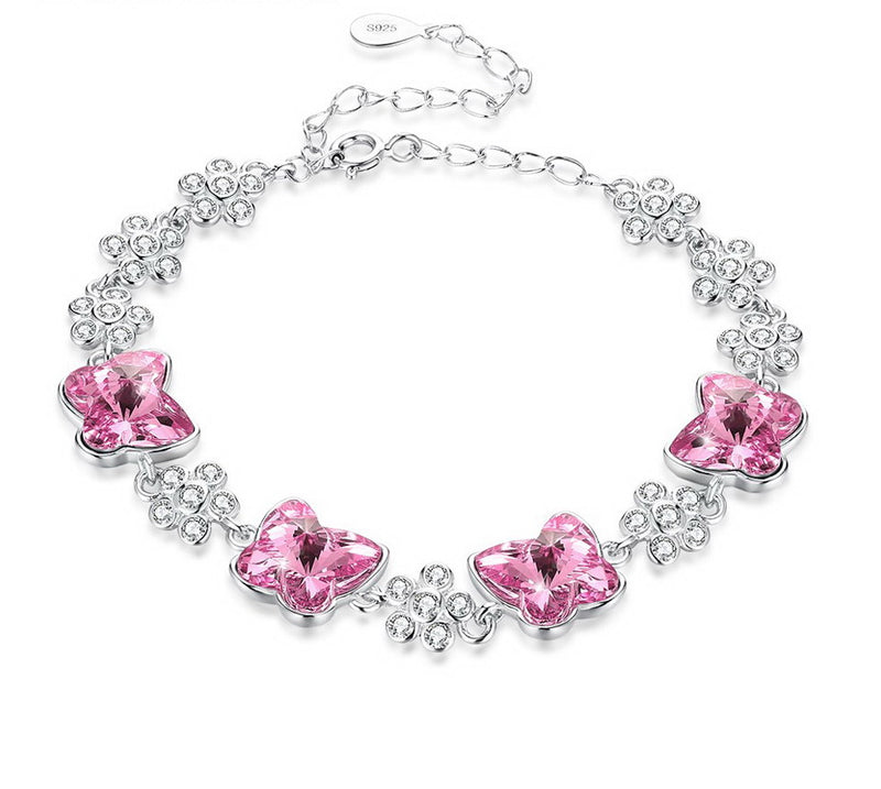 Sterling Silver Butterfly Shape Pink Crystal and White Cubic Zirconia Bracelet