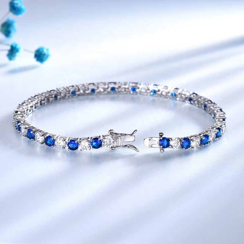 Round Blue and White Colored Cubic Zirconia Sterling Silver Bracelet
