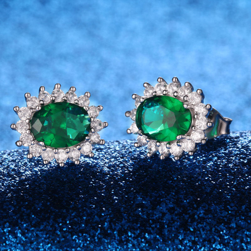 Emerald Green Oval Cubic Zirconia Sterling Silver Earrings