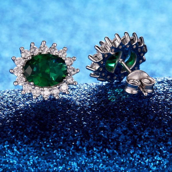 Emerald Green Oval Cubic Zirconia Sterling Silver Earrings