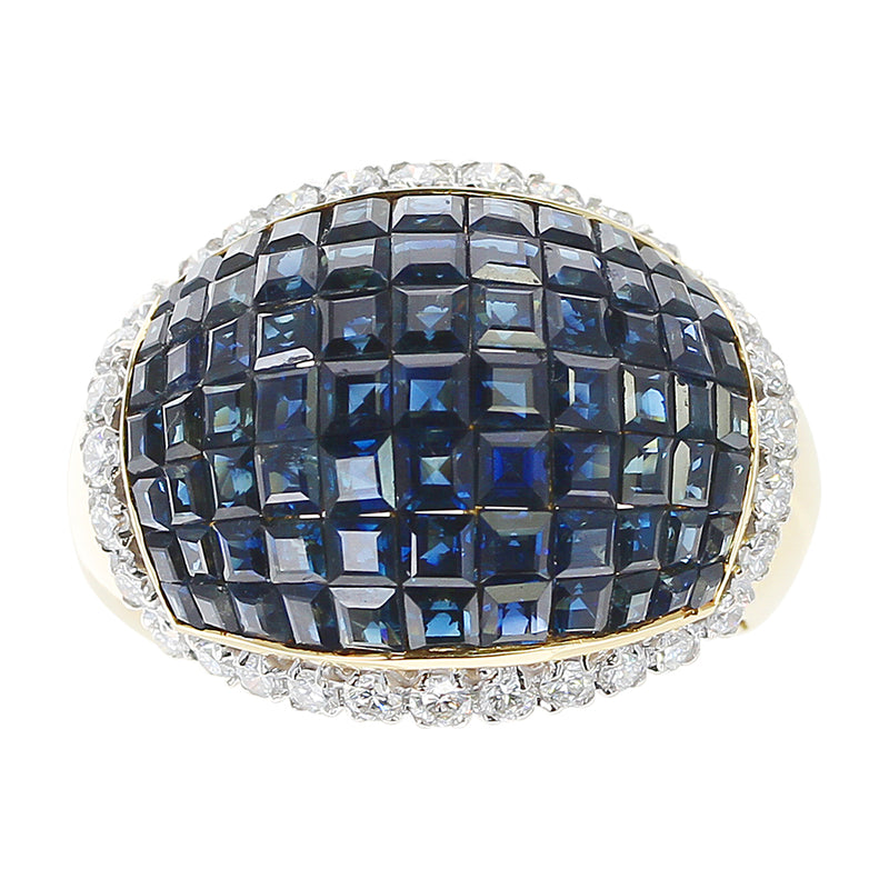 Invisibly Set Blue Sapphire and Diamond Bombe Ring, 18K Yellow Gold