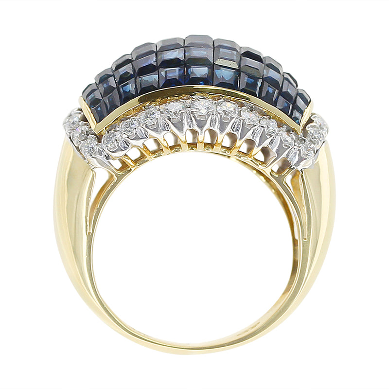 Invisibly Set Blue Sapphire and Diamond Bombe Ring, 18K Yellow Gold