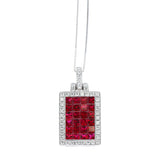 Mystery Set Rectangular Ruby and Diamond Pendant, 18K White Gold