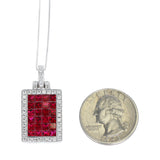 Mystery Set Rectangular Ruby and Diamond Pendant, 18K White Gold