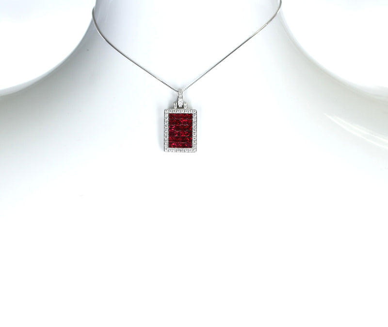 Mystery Set Rectangular Ruby and Diamond Pendant, 18K White Gold