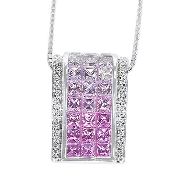 Mystery Set Slope Pink Sapphire and Diamond Pendant, 18K White Gold